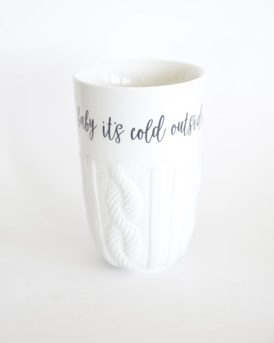cableknit sweater mug, baby it's cold outside script, double walled white tumbler mug with cable knit sweater pattern