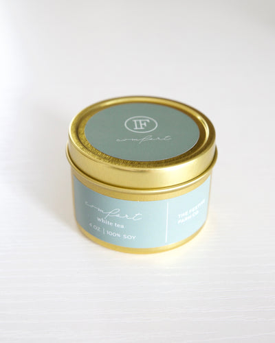 Comfort candle, soy candle in gold tin with aromatherapy white tea scent