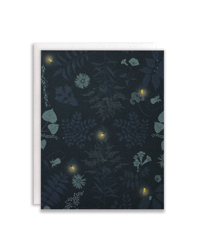 Firefly Card Set Of 8. Dark Blue With Green Leaves And Glowing Fireflies. Blank Inside.