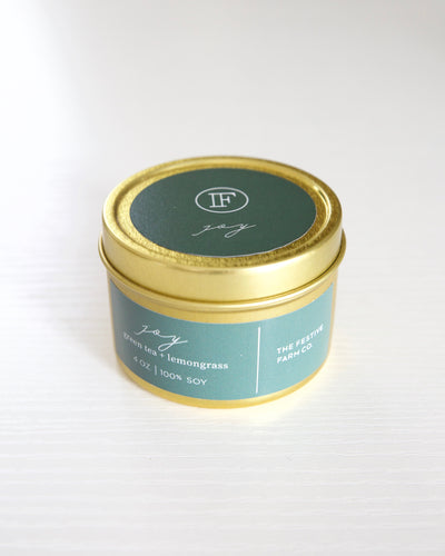 Joy Candle In Gold Tin. Aromatherapy Green Tea And Lemongrass Soy Candle By The Festive Farm Co.
