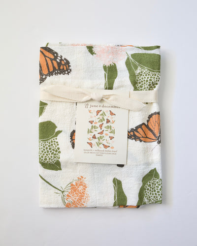 Monarch And Milkweed Tea Towel for Kitchen Or Bathroom. Off White With Green Leaves and Orange Monarchs And Flowers By The Festive Farm Co.