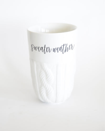 Cableknit sweater mug with imprint Sweater Weather on double walled lined insulated mug for coffee or tea with cable knit pattern