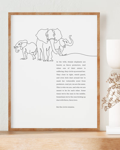 Fine art print of three elephants next to inspirational text that celebrates friendship and loyalty, created by The Festive Farm Co.