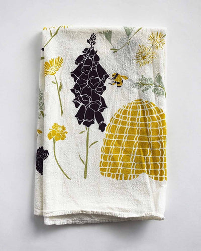 Honey and Hive Tea Towel printed with Graphic Florals, Bees, Hives, and Honeycomb on Flour Sack Cotton by The Festive Farm Co.