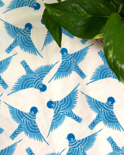 Tea Towel Printed Blue Bird Pattern, the Symbol of Hope, Love, and Renewal Detail