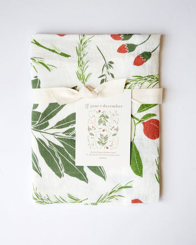 Tea Towel Printed With Striking Graphic Red and Green Floral Holiday Meaningful Gifts by The Festive Farm Co.